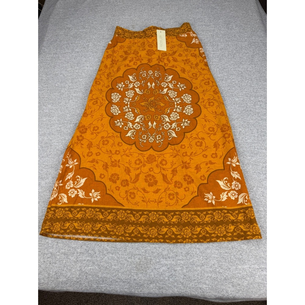Rachel Zoe | Mustard Orange Floral Medallion Linen Blend Maxi Skirt | Small - Picture 16 of 16